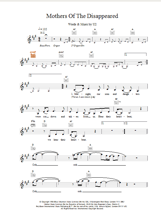 U2 Mothers Of The Disappeared Sheet Music Notes & Chords for Melody Line, Lyrics & Chords - Download or Print PDF