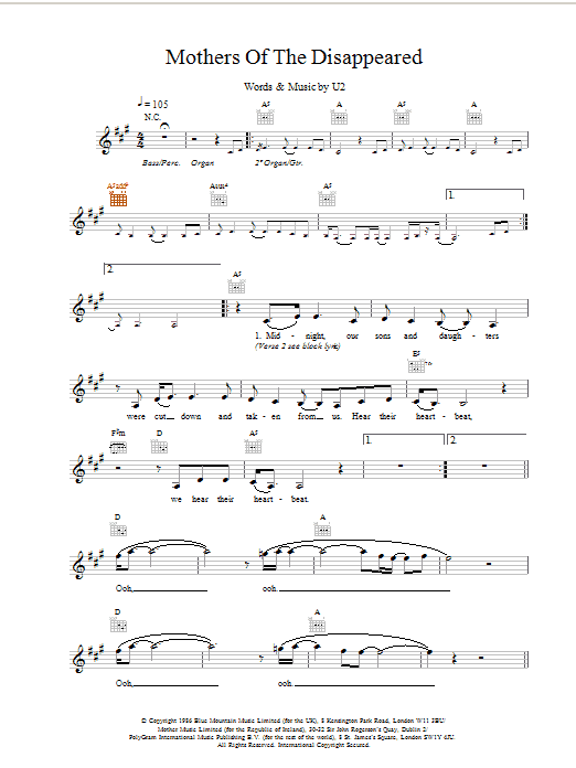 U2 Mothers Of The Disappeared sheet music notes and chords. Download Printable PDF.