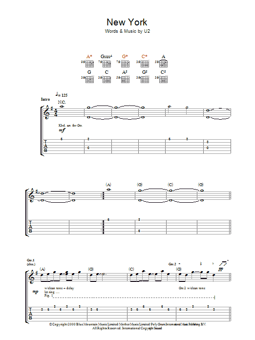 U2 New York Sheet Music Notes & Chords for Guitar Tab - Download or Print PDF