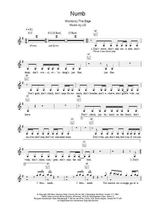 U2 Numb Sheet Music Notes & Chords for Piano, Vocal & Guitar (Right-Hand Melody) - Download or Print PDF