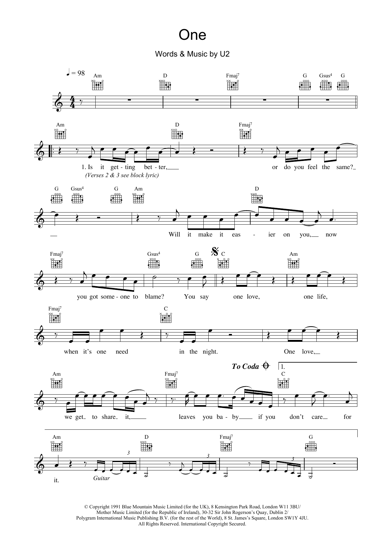 U2 One Sheet Music Notes & Chords for Piano - Download or Print PDF