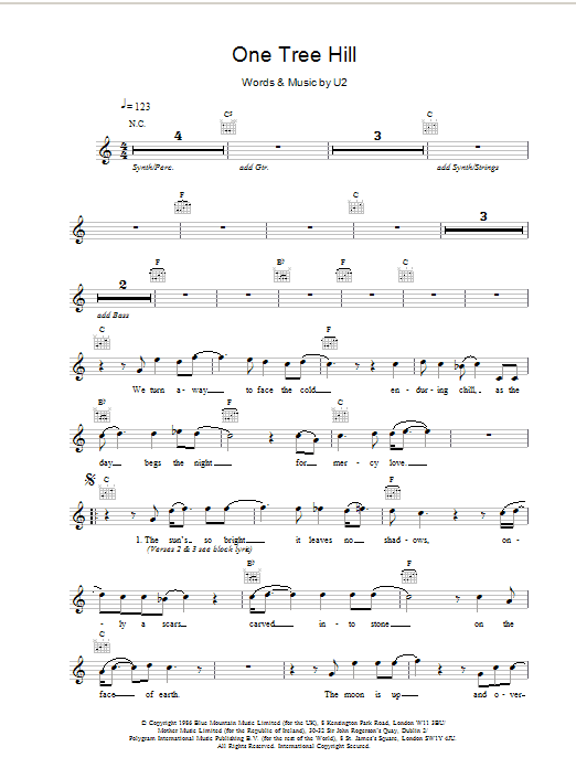 U2 One Tree Hill Sheet Music Notes & Chords for Melody Line, Lyrics & Chords - Download or Print PDF