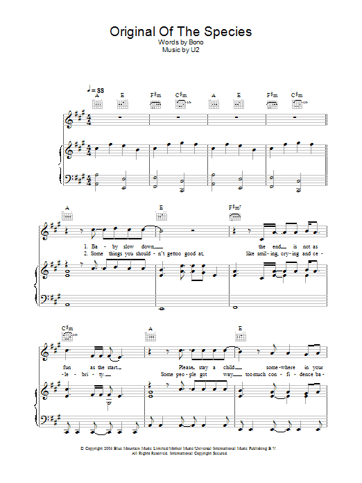 U2 Original Of The Species Sheet Music Notes & Chords for Piano, Vocal & Guitar (Right-Hand Melody) - Download or Print PDF