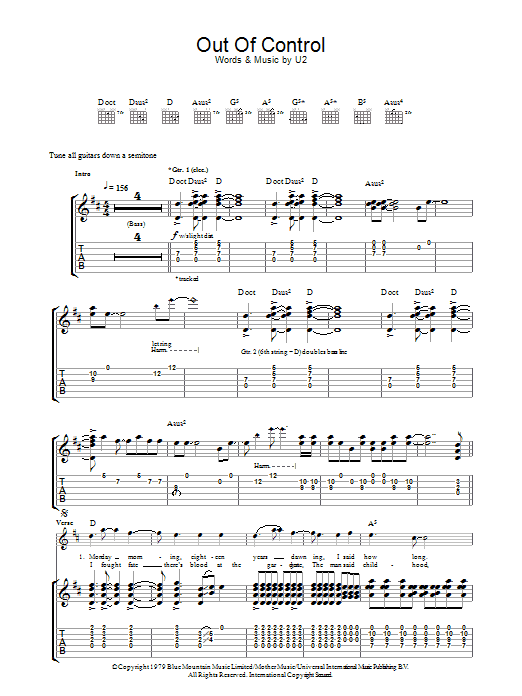 U2 Out Of Control Sheet Music Notes & Chords for Guitar Tab - Download or Print PDF