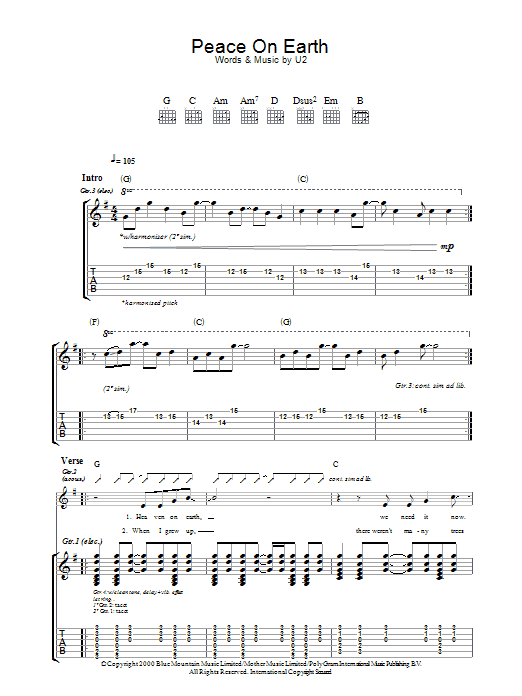 U2 Peace On Earth Sheet Music Notes & Chords for Guitar Tab - Download or Print PDF