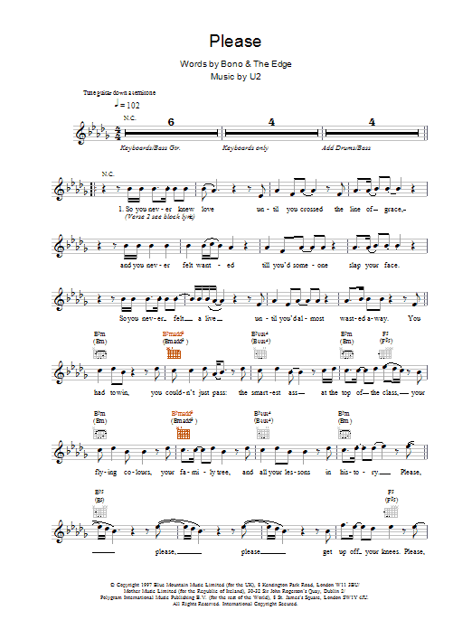 U2 Please Sheet Music Notes & Chords for Melody Line, Lyrics & Chords - Download or Print PDF