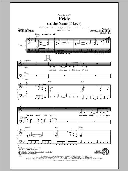 U2 Pride (In The Name Of Love) (arr. Mark Brymer) Sheet Music Notes & Chords for SAB - Download or Print PDF