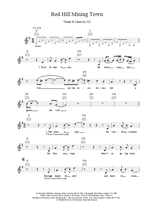 U2 Red Hill Mining Town Sheet Music Notes & Chords for Melody Line, Lyrics & Chords - Download or Print PDF