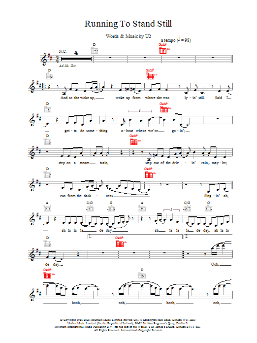 U2 Running To Stand Still Sheet Music Notes & Chords for Melody Line, Lyrics & Chords - Download or Print PDF