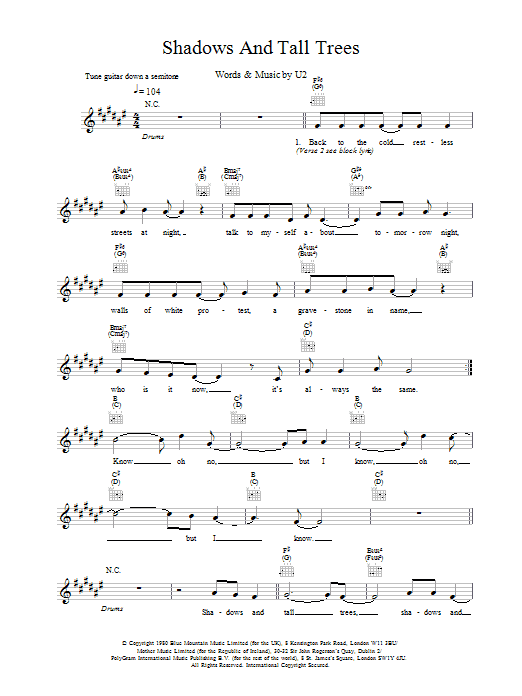 U2 Shadows And Tall Trees Sheet Music Notes & Chords for Melody Line, Lyrics & Chords - Download or Print PDF