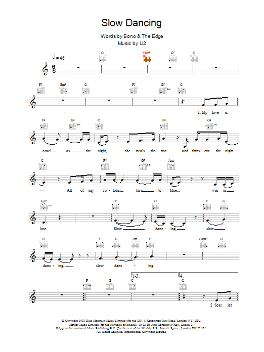 U2 Slow Dancing Sheet Music Notes & Chords for Melody Line, Lyrics & Chords - Download or Print PDF