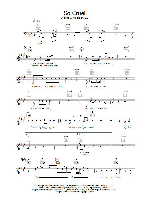 U2 So Cruel Sheet Music Notes & Chords for Melody Line, Lyrics & Chords - Download or Print PDF