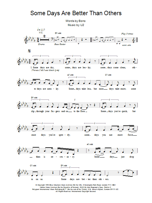U2 Some Days Are Better Than Others Sheet Music Notes & Chords for Melody Line, Lyrics & Chords - Download or Print PDF
