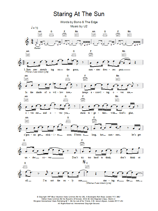 U2 Staring At The Sun Sheet Music Notes & Chords for Melody Line, Lyrics & Chords - Download or Print PDF