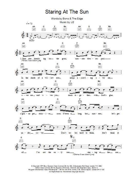 U2 Staring At The Sun Sheet Music Notes & Chords for Piano, Vocal & Guitar (Right-Hand Melody) - Download or Print PDF