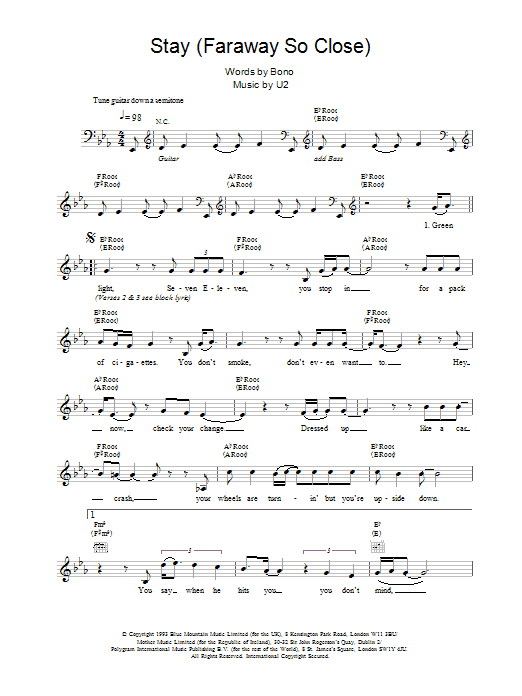 U2 Stay (Faraway, So Close!) Sheet Music Notes & Chords for Melody Line, Lyrics & Chords - Download or Print PDF