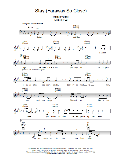U2 Stay (Faraway, So Close) Sheet Music Notes & Chords for Guitar Tab - Download or Print PDF