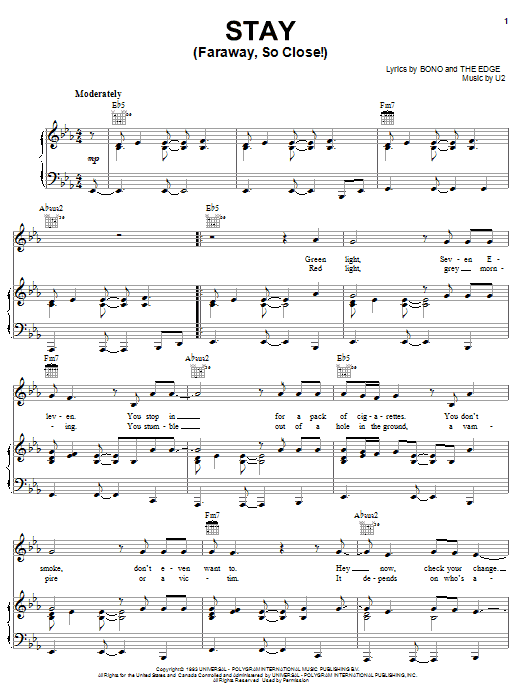 U2 Stay (Faraway, So Close!) Sheet Music Notes & Chords for Piano, Vocal & Guitar (Right-Hand Melody) - Download or Print PDF