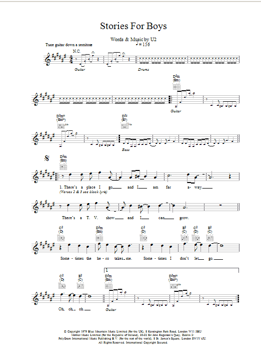 U2 Stories For Boys Sheet Music Notes & Chords for Melody Line, Lyrics & Chords - Download or Print PDF
