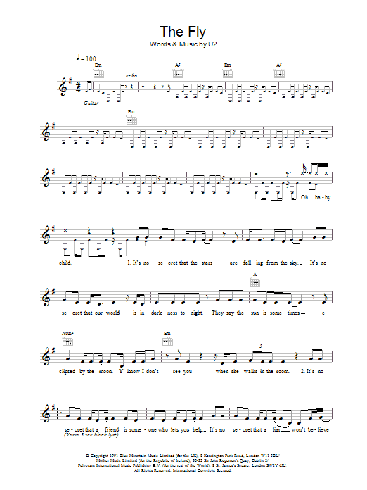 U2 The Fly Sheet Music Notes & Chords for Piano, Vocal & Guitar (Right-Hand Melody) - Download or Print PDF