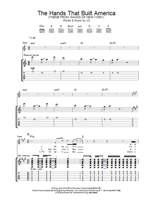 U2 The Hands That Built America Sheet Music Notes & Chords for Piano, Vocal & Guitar (Right-Hand Melody) - Download or Print PDF