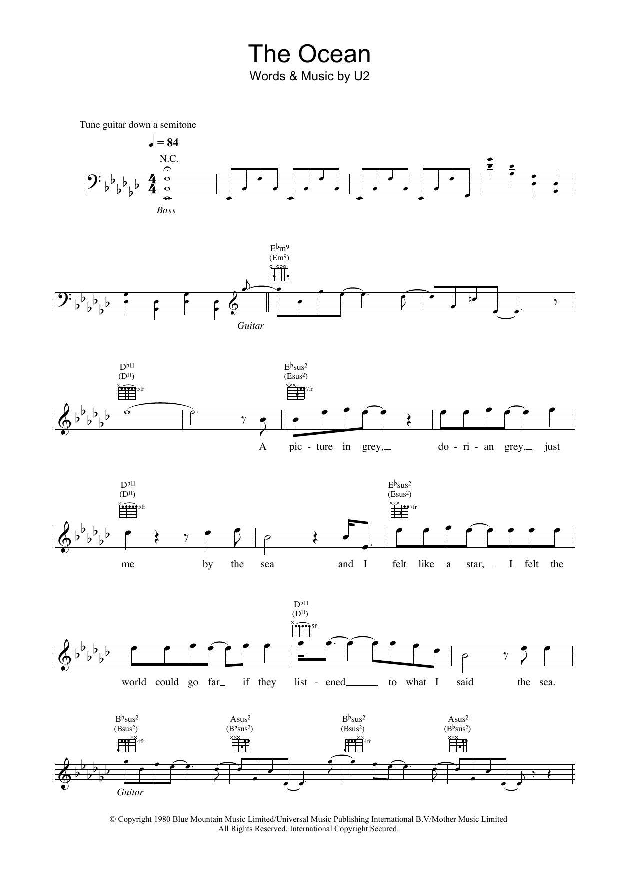 U2 The Ocean Sheet Music Notes & Chords for Melody Line, Lyrics & Chords - Download or Print PDF