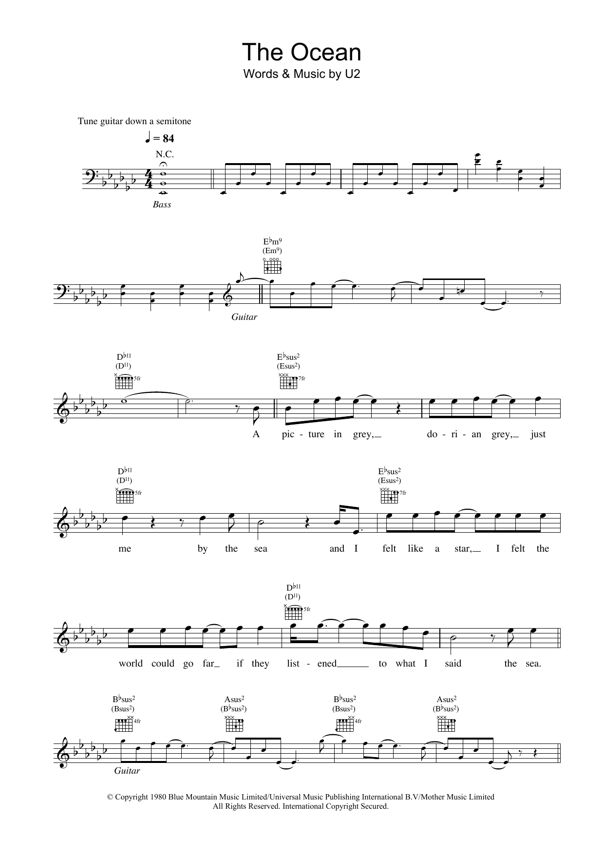 U2 The Ocean sheet music notes and chords. Download Printable PDF.
