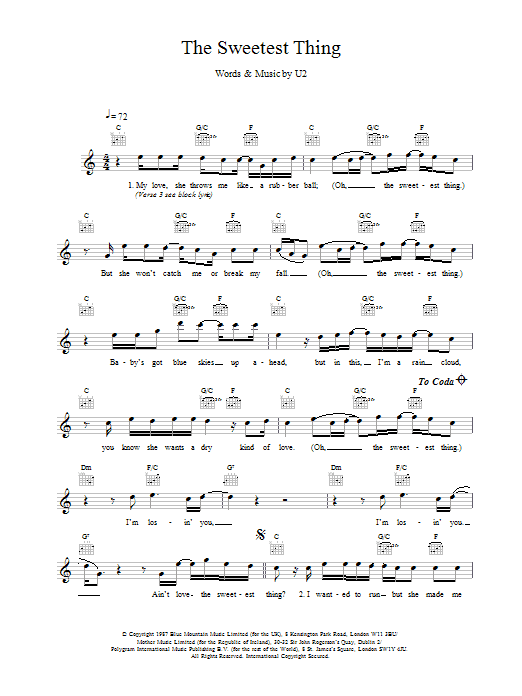 U2 The Sweetest Thing Sheet Music Notes & Chords for Melody Line, Lyrics & Chords - Download or Print PDF
