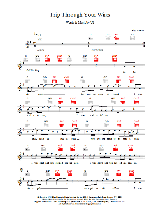 U2 Trip Through Your Wires Sheet Music Notes & Chords for Melody Line, Lyrics & Chords - Download or Print PDF