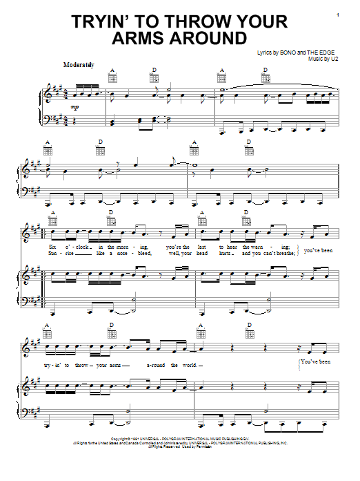 U2 Tryin' To Throw Your Arms Around Sheet Music Notes & Chords for Piano, Vocal & Guitar (Right-Hand Melody) - Download or Print PDF