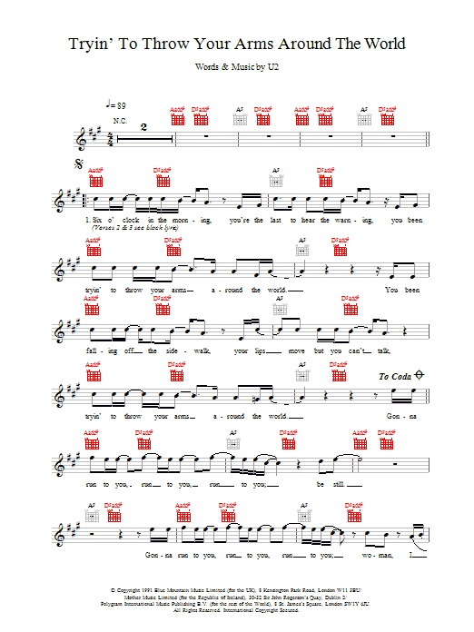 U2 Tryin' To Throw Your Arms Around The World Sheet Music Notes & Chords for Melody Line, Lyrics & Chords - Download or Print PDF