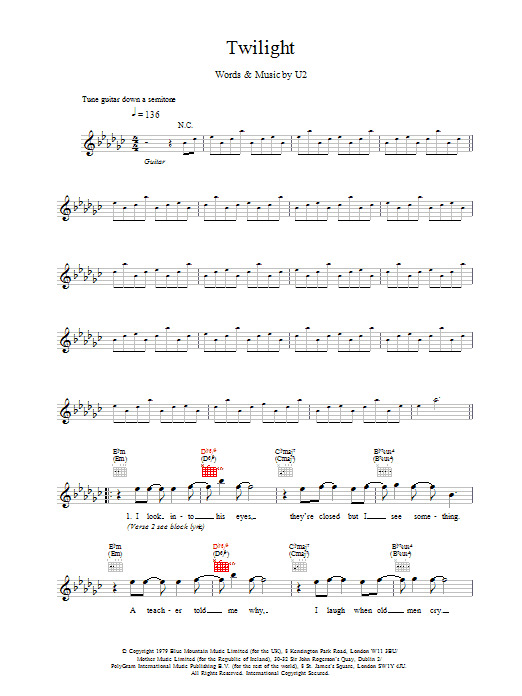 U2 Twilight Sheet Music Notes & Chords for Melody Line, Lyrics & Chords - Download or Print PDF