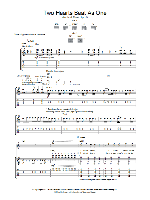 U2 Two Hearts Beat As One Sheet Music Notes & Chords for Guitar Tab - Download or Print PDF
