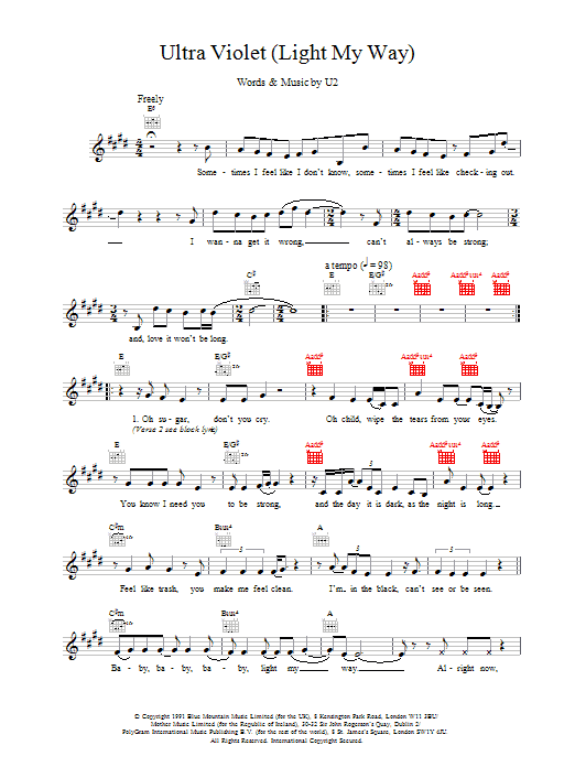 U2 Ultra Violet (Light My Way) Sheet Music Notes & Chords for Melody Line, Lyrics & Chords - Download or Print PDF