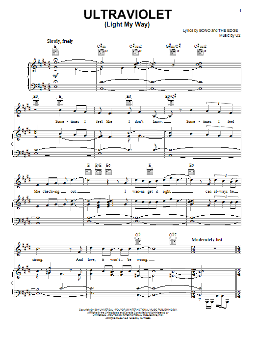 U2 Ultraviolet (Light My Way) Sheet Music Notes & Chords for Piano, Vocal & Guitar (Right-Hand Melody) - Download or Print PDF