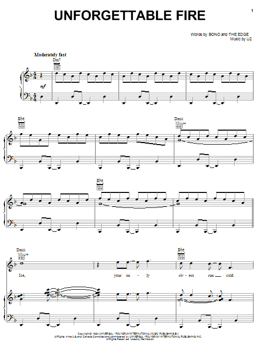 U2 Unforgettable Fire Sheet Music Notes & Chords for Piano, Vocal & Guitar (Right-Hand Melody) - Download or Print PDF