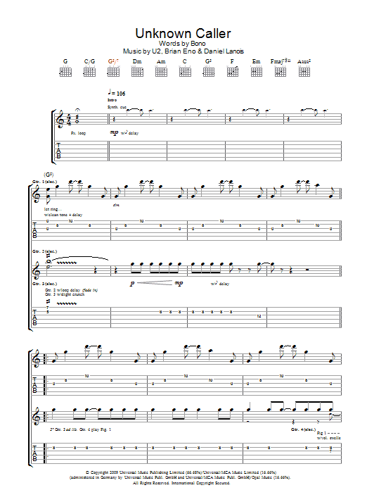 U2 Unknown Caller Sheet Music Notes & Chords for Guitar Tab - Download or Print PDF