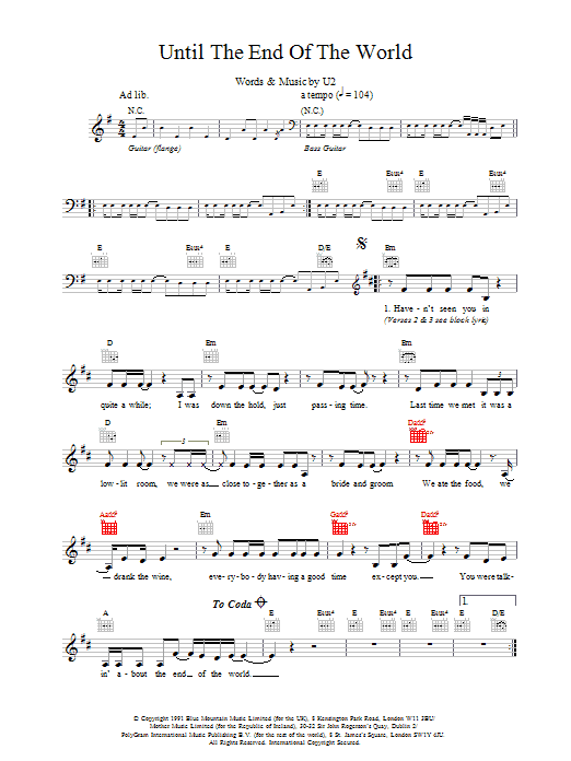 U2 Until The End Of The World Sheet Music Notes & Chords for Guitar Tab - Download or Print PDF