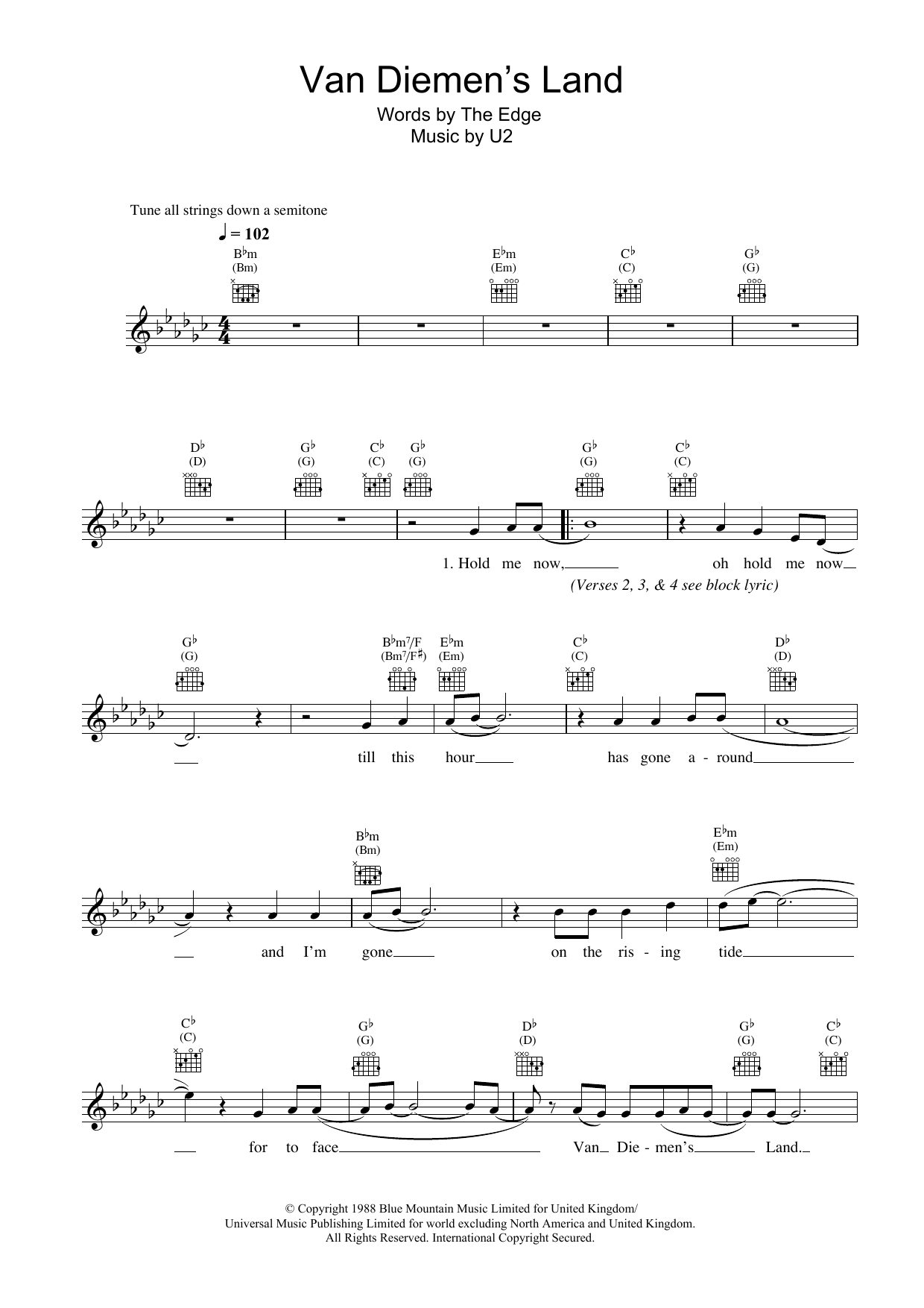 U2 Van Diemen's Land Sheet Music Notes & Chords for Melody Line, Lyrics & Chords - Download or Print PDF