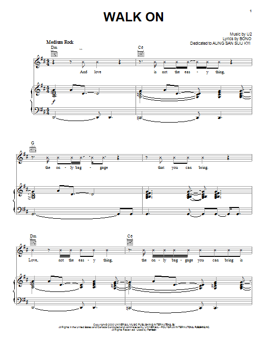 U2 Walk On Sheet Music Notes & Chords for Lyrics & Chords - Download or Print PDF