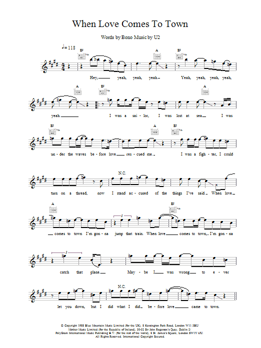 U2 When Love Comes To Town Sheet Music Notes & Chords for Lyrics & Chords - Download or Print PDF