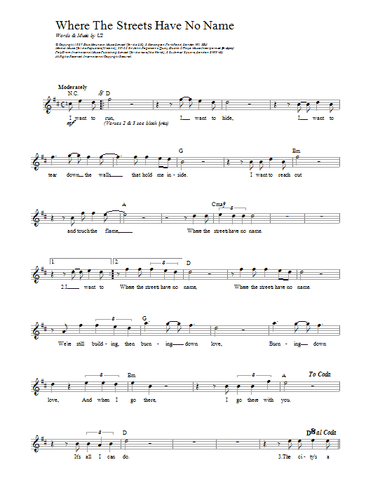 U2 Where The Streets Have No Name Sheet Music Notes & Chords for Lyrics & Chords - Download or Print PDF
