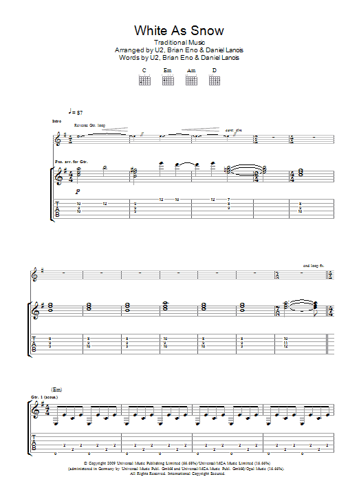 U2 White As Snow Sheet Music Notes & Chords for Guitar Tab - Download or Print PDF