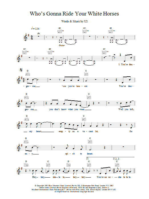 U2 Who's Gonna Ride Your Wild Horses Sheet Music Notes & Chords for Melody Line, Lyrics & Chords - Download or Print PDF
