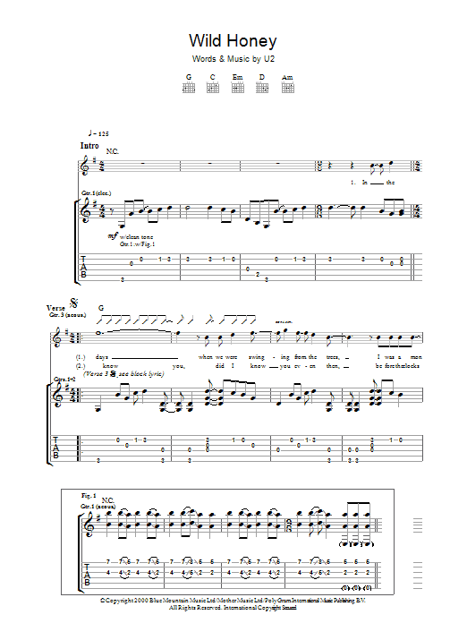 U2 Wild Honey Sheet Music Notes & Chords for Guitar Tab - Download or Print PDF