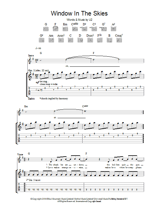 U2 Window In The Skies Sheet Music Notes & Chords for Piano, Vocal & Guitar - Download or Print PDF
