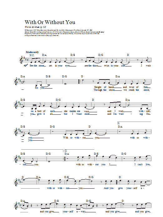 U2 With Or Without You Sheet Music Notes & Chords for Real Book – Melody, Lyrics & Chords - Download or Print PDF