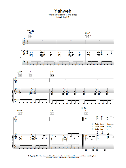 U2 Yahweh Sheet Music Notes & Chords for Lyrics & Chords - Download or Print PDF