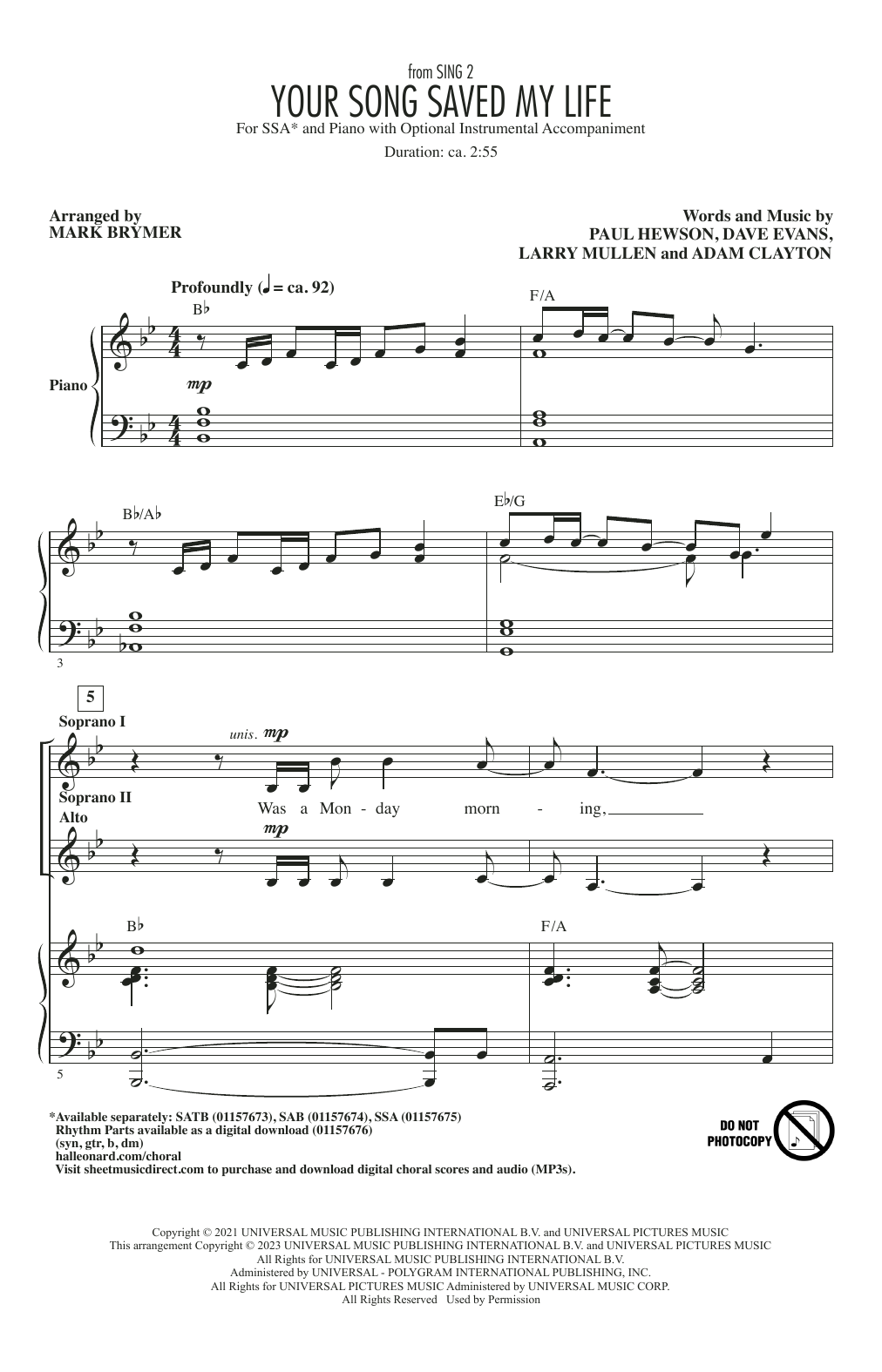 U2 Your Song Saved My Life (from Sing 2) (arr. Mark Brymer) Sheet Music Notes & Chords for SAB Choir - Download or Print PDF