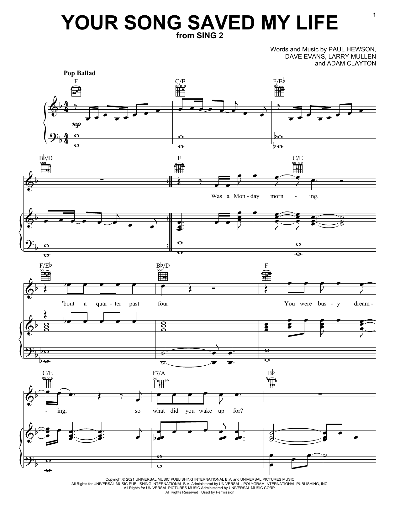 U2 Your Song Saved My Life (from Sing 2) Sheet Music Notes & Chords for Piano, Vocal & Guitar (Right-Hand Melody) - Download or Print PDF